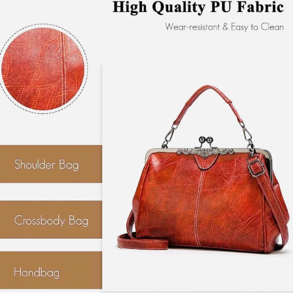 Bykoine Retro Hollow Oil Wax PU Leather Handbag with Kisslock EUC - Picture 5 of 8